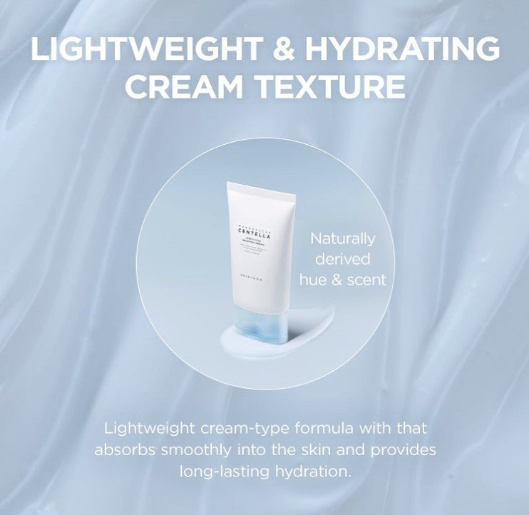 SKIN1004 Madagascar Centella Hyalu-Cica Water-Fit Sun Serum med lätt och återfuktande konsistens på ljus bakgrund.