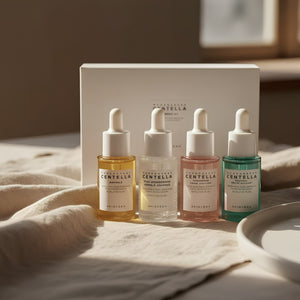 SKIN1004 ampullkit med fyra pipettflaskor i olika färgade etiketter