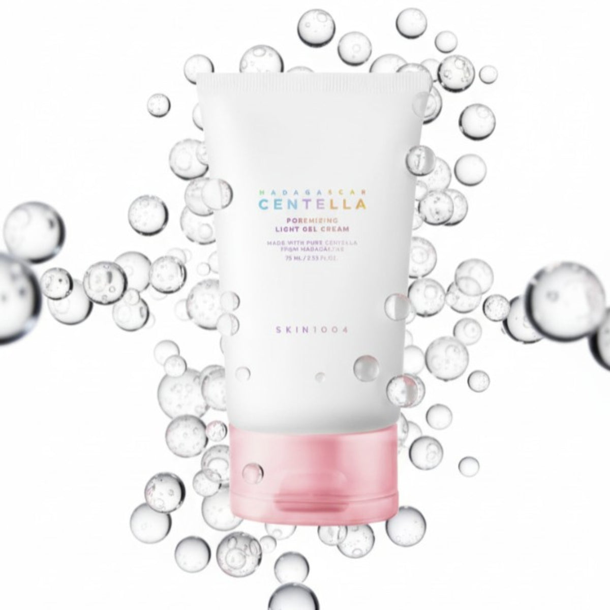 SKIN1004 Centella gelkräm, vit tub med rosa botten, omgiven av bubblor