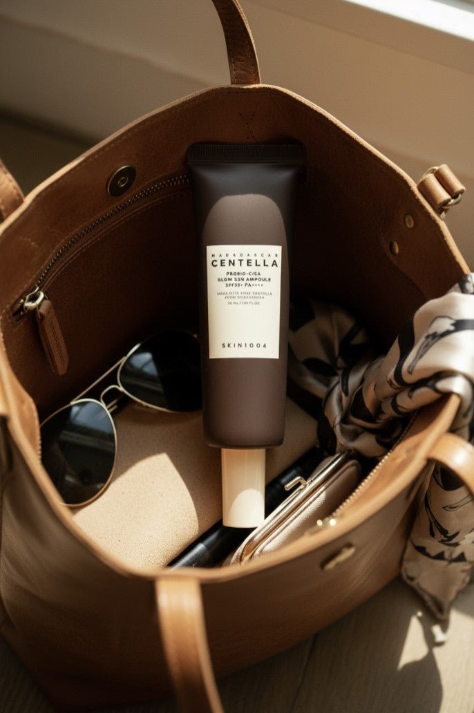 SKIN1004 Madagascar Centella Probio-Cica Glow Sun Ampoule i en brun handväska med solglasögon och en scarf.