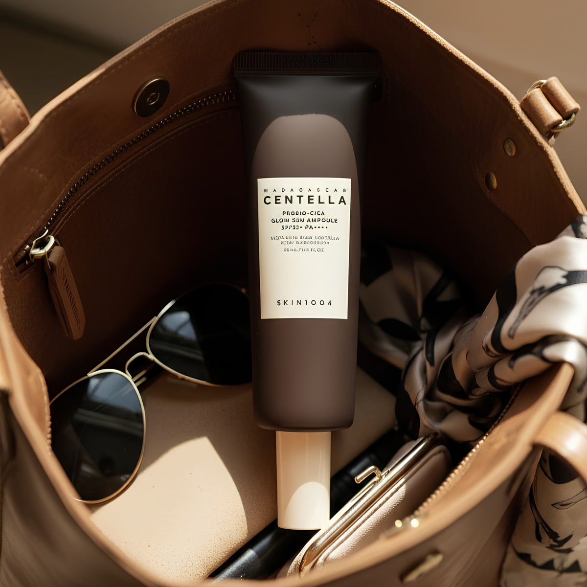 Centella Probio-Cica Glow solampull i brun tub med SPF-textetikett, rör
