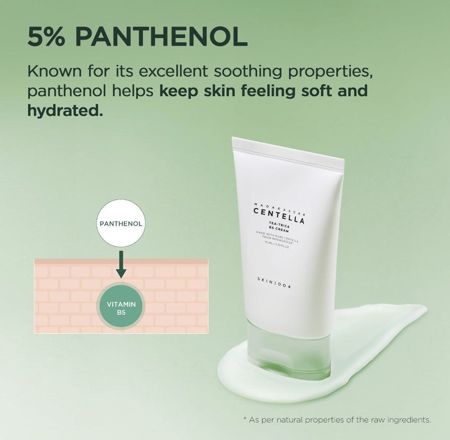 SKIN1004 Tea-Trica B5 Cream med 5% panthenol för mjuk och återfuktad hud.