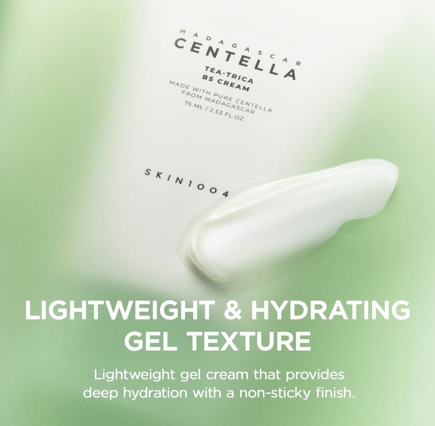 SKIN1004 Tea-Trica B5 Cream 75ml visuellt med lätt gelkonsistens för djup återfuktning.
