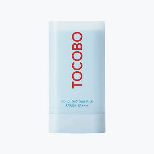 Bomullsmjukt solstift TOCOBO, ljusblå stick med röd logotyp och SPF50+ PA+++