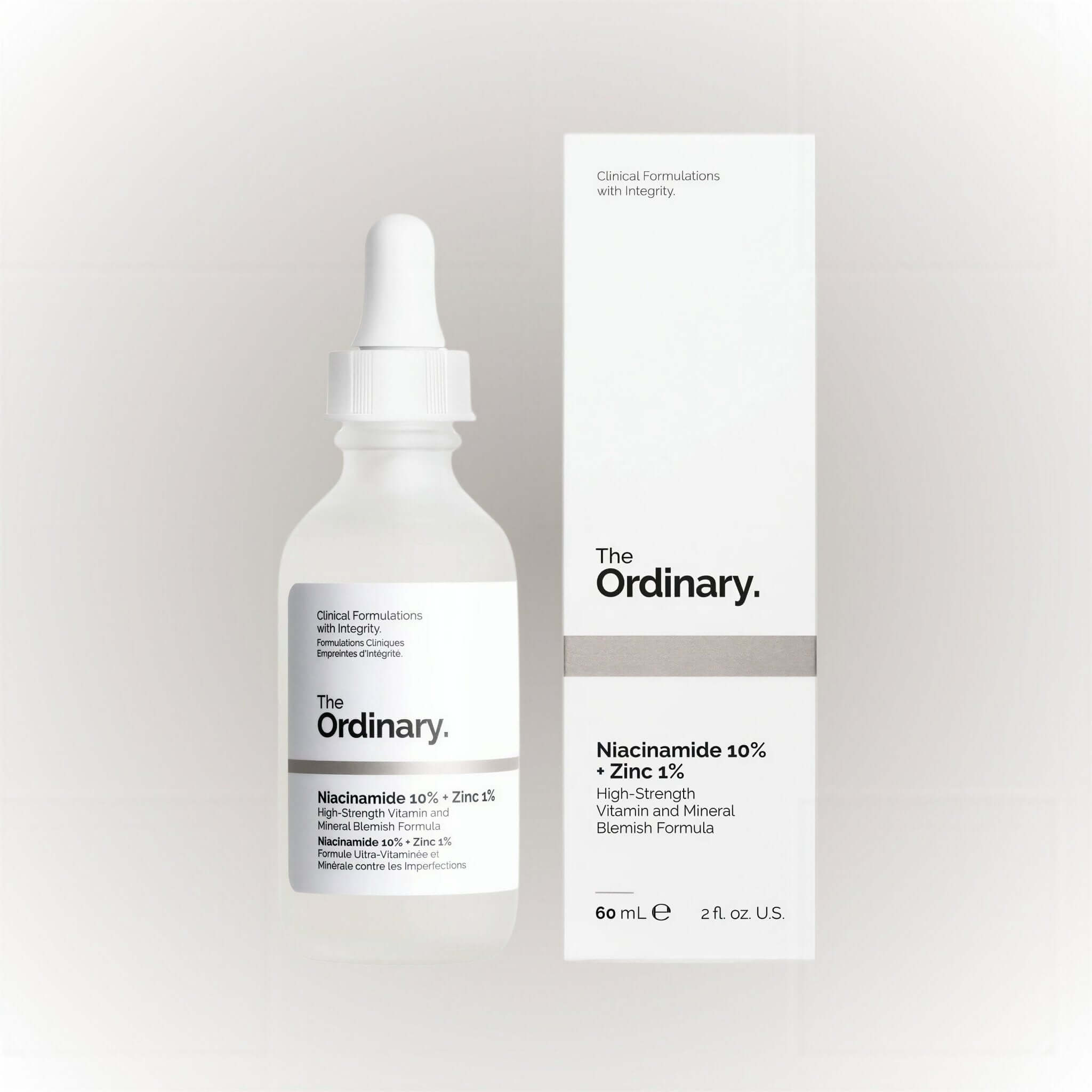 The Ordinary Niacinamide 10% + Zinc 1% 30ml serum in a dropper bottle with packaging