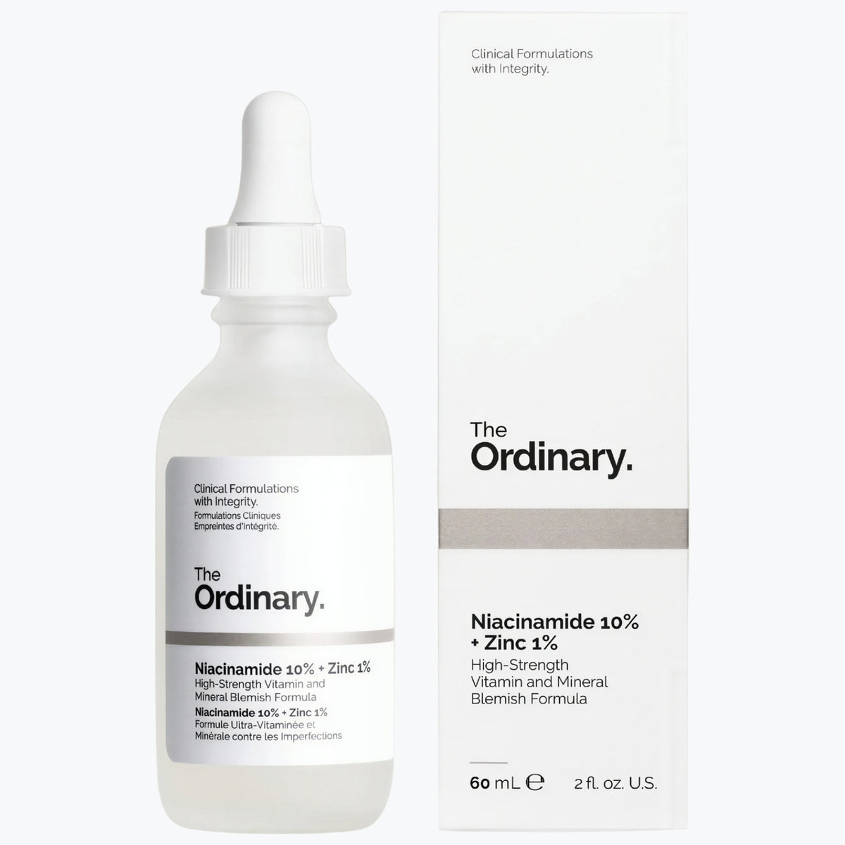 The Ordinary niacinamidserum 10% + zink 1%, glasflaska med pipett och kartong.