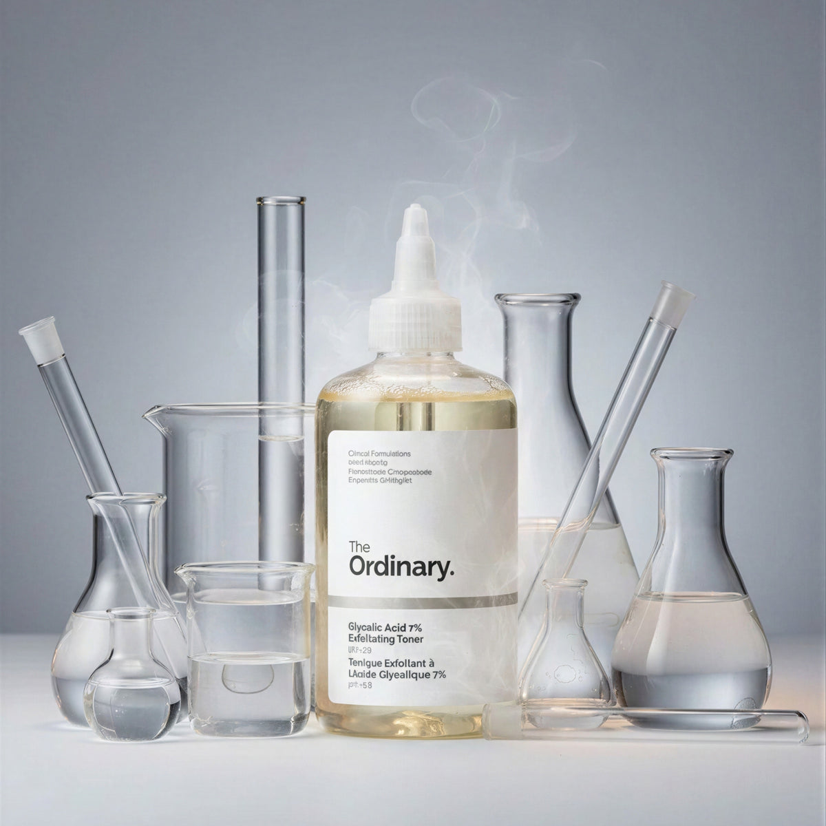 The Ordinary glykolsyrelösning 7% i flaska med pipettlock, bland laboratorieglas