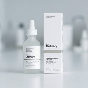 The Ordinary niacinamid- och zinkserum i droppflaska och vit kartongförpackning