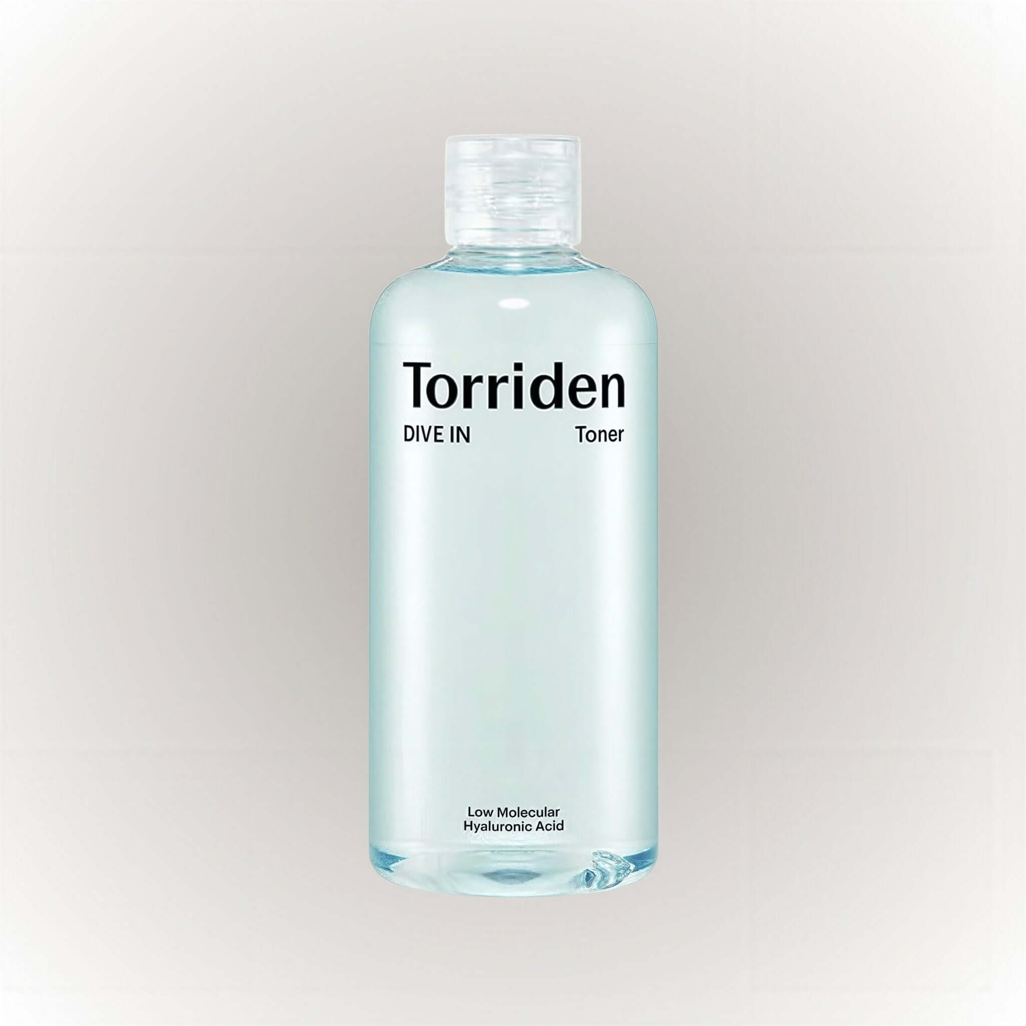 Torriden DIVE IN Toner Low Molecular Hyaluronic Acid 300ml i en transparent flaska.