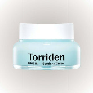 Torriden DIVE IN Hyaluronic Acid Soothing Cream i en ljusblå burk med vit lock.