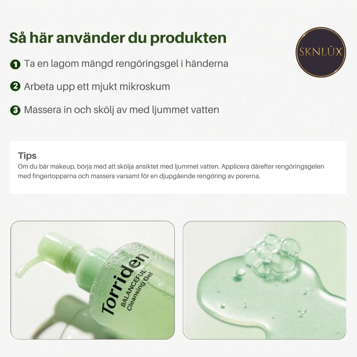Torriden rengöringsgel, pump och gel på hud som sköljs med vatten