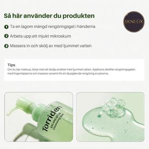 Torriden rengöringsgel, pump och gel på hud som sköljs med vatten
