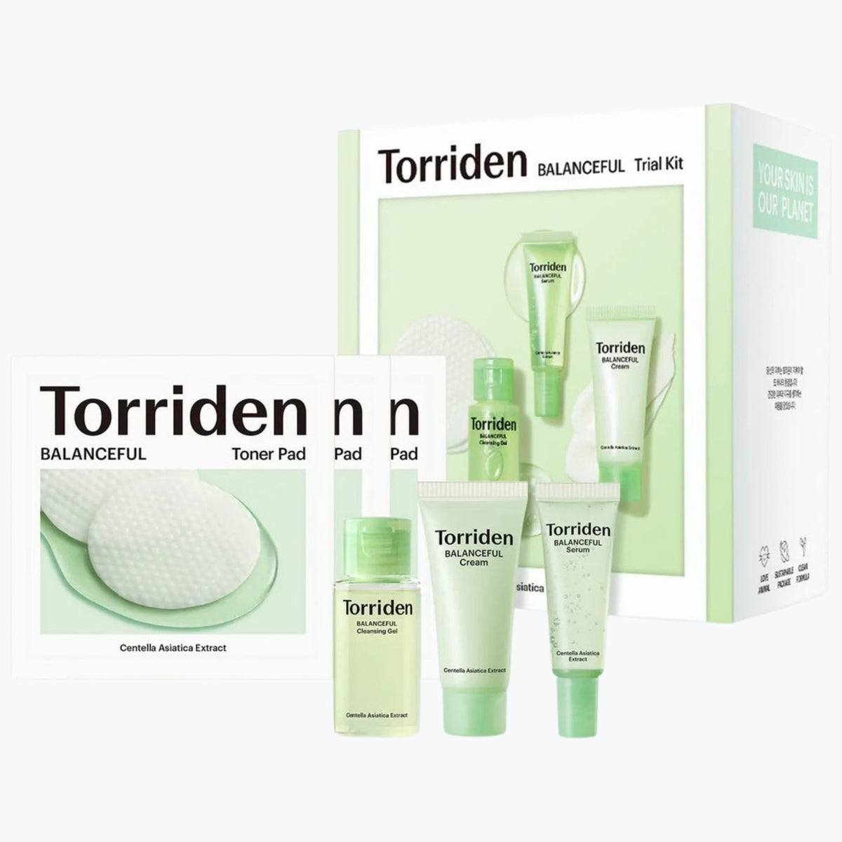 Hudvårdsats Torriden Balanceful med flera ansiktsprodukter i grön förpackning