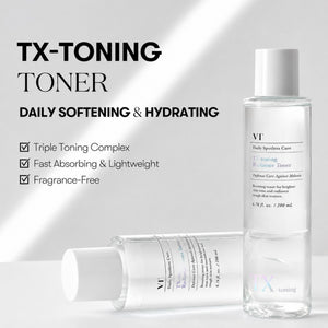 Ansiktstonerflaska med TX-Toning-etikett, samt liggande flaska, VT Cosmetics Daily