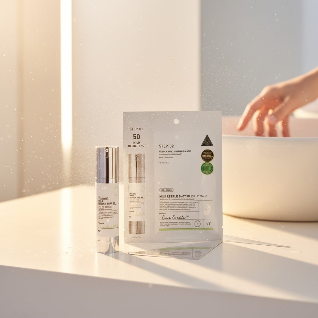 VT Cosmetics Mild Reedle Shot 50 2-Step Mask för djup återfuktning och hudstimulering.