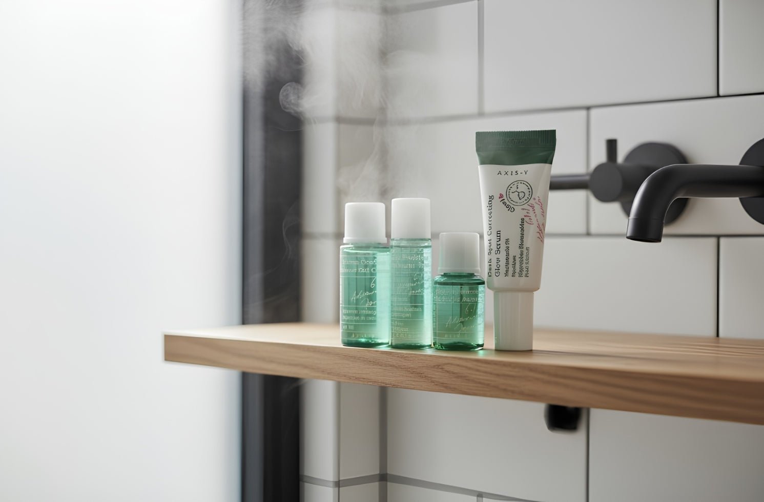 Axis-Y Mini Glow Set med rengöring, behandling och återfuktning på en hylla i badrummet.