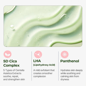 Innehållspanel: 5D cica-komplex, LHA (liponsyrasyra) och panthenol