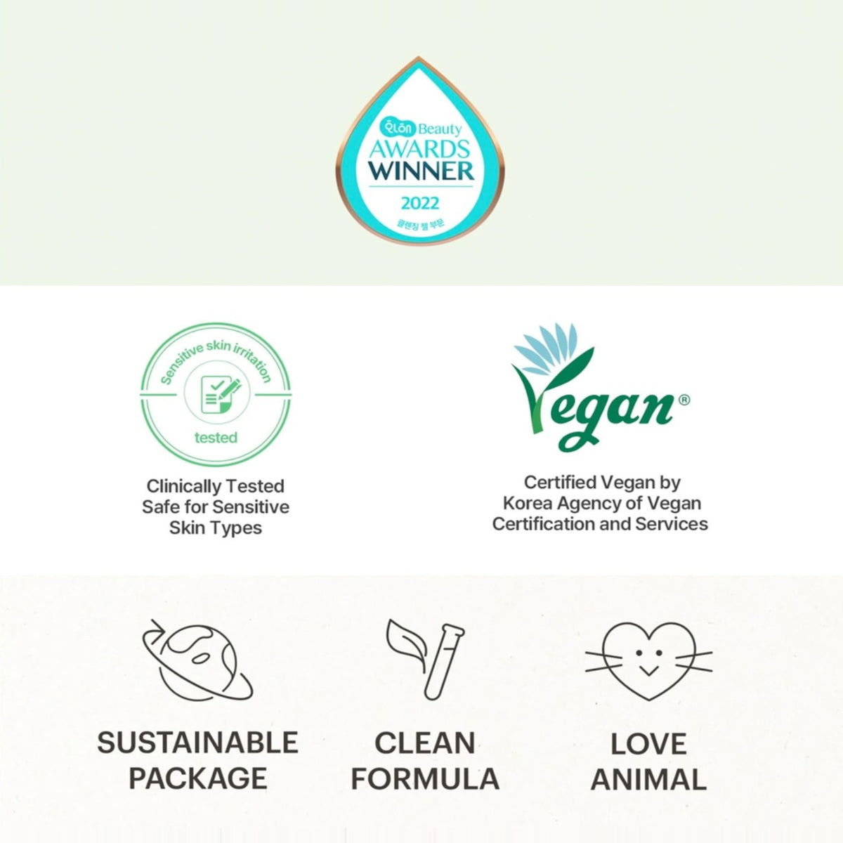Kvalitetsikoner: vegan, kliniskt testad, hållbar förpackning och kärleksdjur